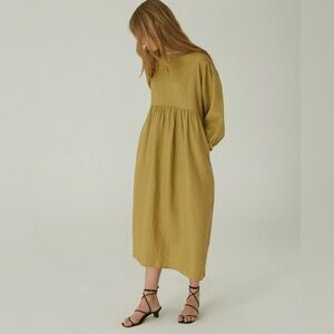 Smocked Waist Long Sleeve Maxi Dress in Olive Green